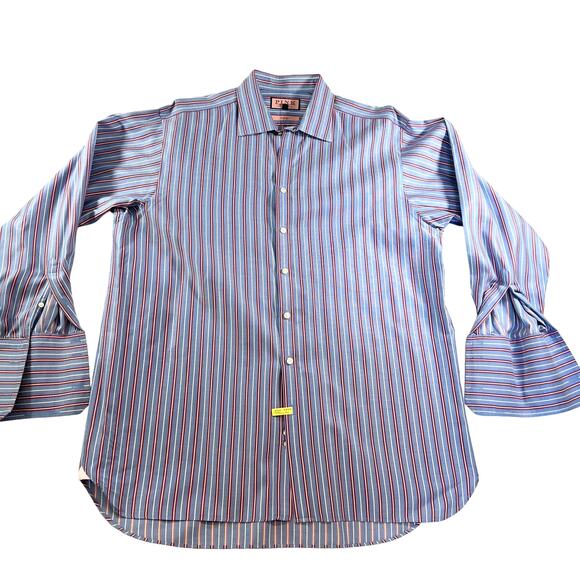 Pink Thomas Pink Prestige Button Shirt Men 17.5 35.5 FRENCH CUFF Blue Red Stripe - Picture 1 of 13